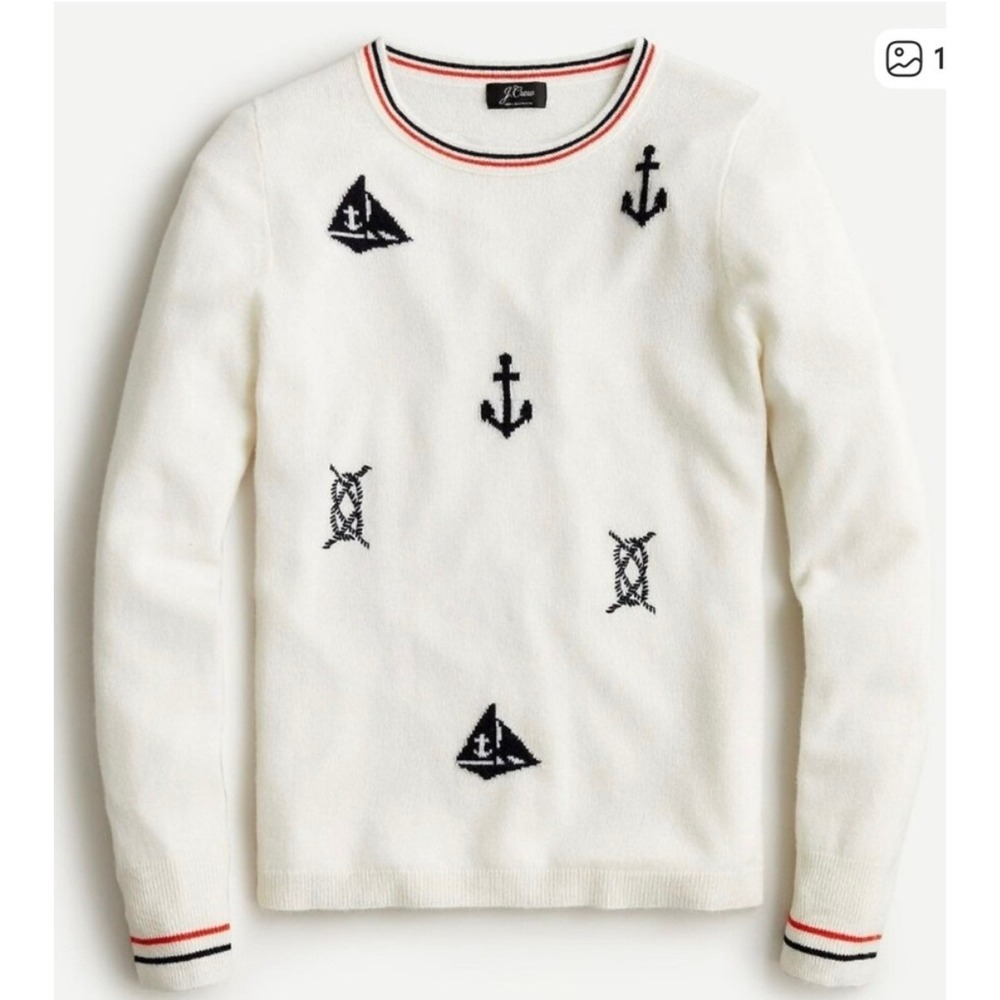 J.Crew 100% Cashmere Nautical Anchor Sailboat Sweater Ivory Red Navy Stripe M